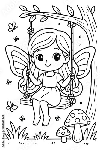 Adorable fairy with wings sitting on a swing in a whimsical garden scene