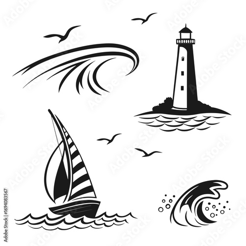 Nautical elements sailing boat lighthouse waves birds