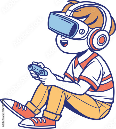Boy Wearing VR Headset and Holding Game Controller Sitting Down Keywords: boy, child, kid, virtual reality, VR, headset, goggles, gaming, video game, controller, playing