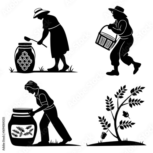 People harvesting and preserving food silhouette