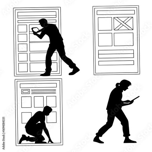 People interacting with digital interfaces ui wireframe