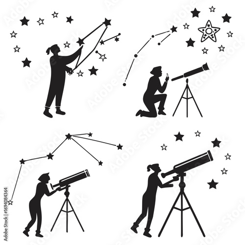 People observing constellations and stars with telescopes