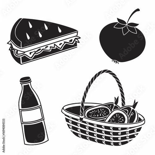 Picnic food items and drink sandwich tomato