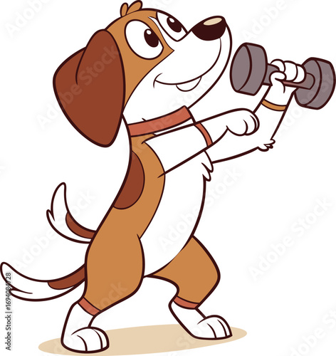 Cartoon dog lifting a dumbbell with a determined expression and athletic wear puppy illustration