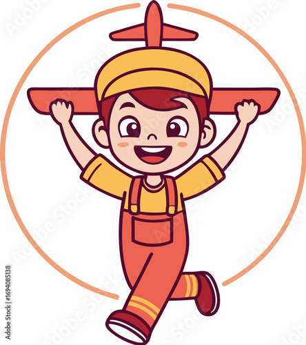 Cheerful cartoon boy in overalls holding a toy airplane in a circle child
