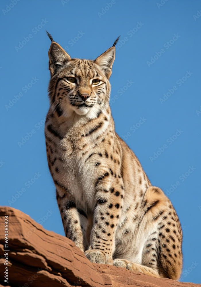 Obraz premium Eurasian lynx perched on red rock under clear blue sky—alert, majestic, and framed by vivid natural contrast in a wild mountain setting.