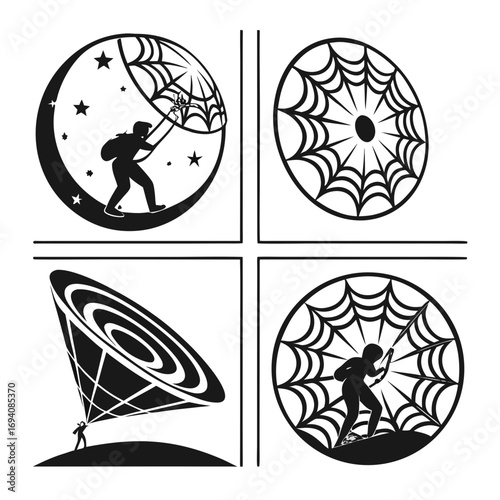 Silhouette figures interacting with abstract cosmic elements