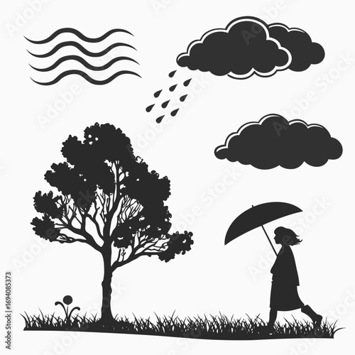 Silhouette of a person with umbrella under rain near tree and waves