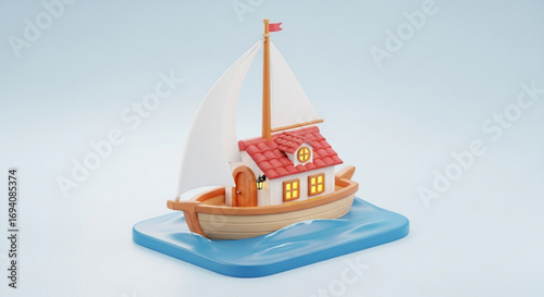 Cute house boat sailing adventure cartoon illustration travel vacation sea ocean trip