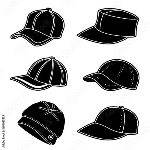 Six black hat silhouettes various styles beret fedora