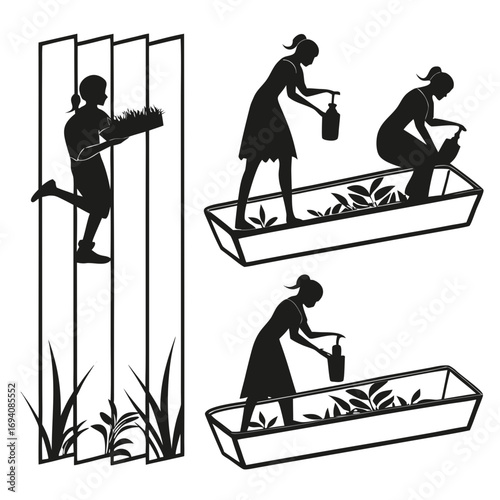 Silhouettes of people gardening and planting watering
