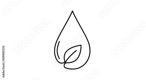 Simple Black Line Art Water Drop with Leaf.