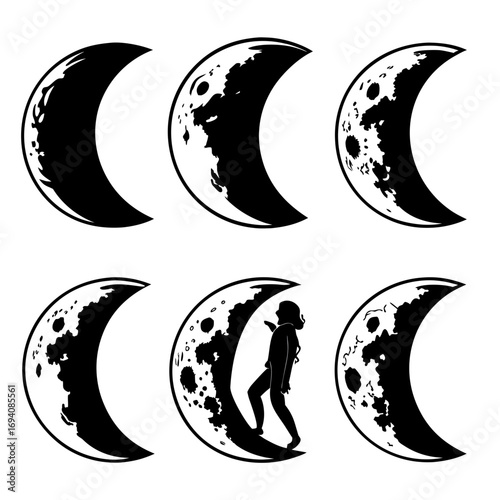 Six crescent moons and a person moon phases silhouette