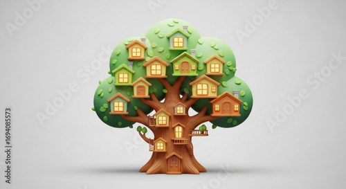 Cartoon tree house village illustration for real estate and community concept art