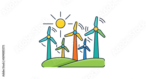 Colorful Cartoon Wind Turbines on a Green Hillside.
