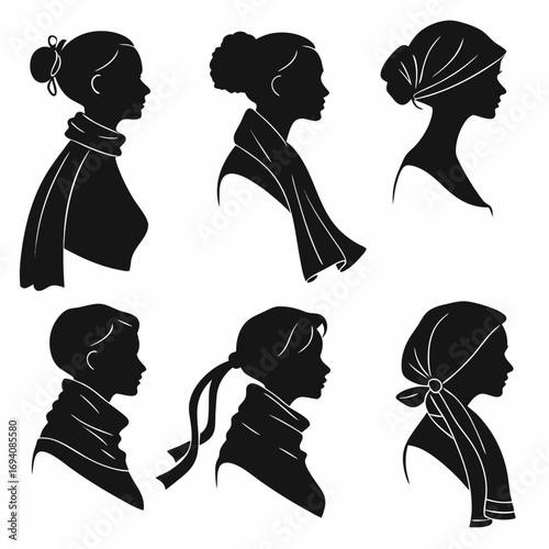 Six female head silhouettes with scarves and shawls