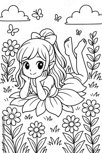 Cartoon fairy girl lying on a flower in a meadow with butterflies around