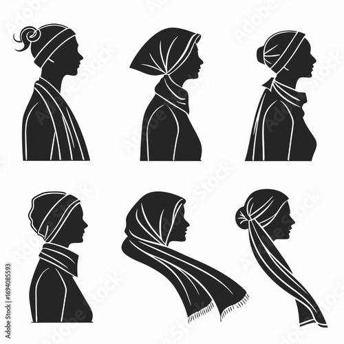 Six female profiles wearing headscarves and shawls