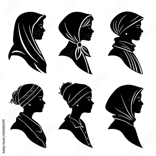 Six female headscarf and shawl silhouettes fashion