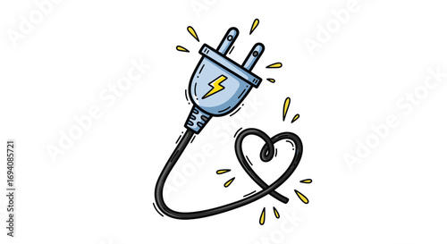 Cartoon Illustration of Electric Plug with Heart-Shaped Cord.