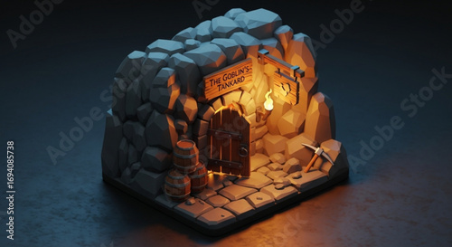 Goblin tankard tavern fantasy rpg game dungeon entrance stone cave illustration art