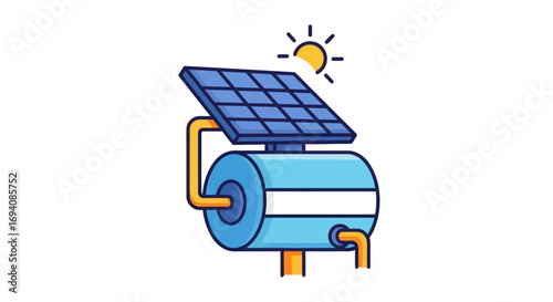 Cartoon Solar Water Heater System with Panel and Tank.