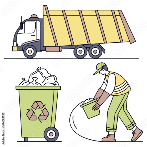 Trash utility, disposal and recycling concept set Vector