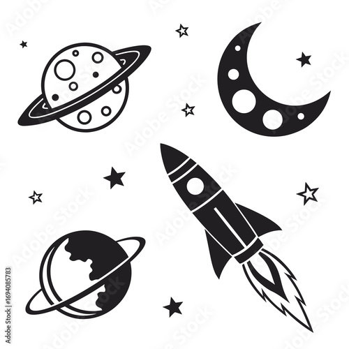 Space rocket moon planets stars icons vector