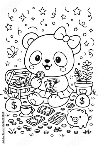 Cartoon panda girl with money chest in a kawaii financial planning scene