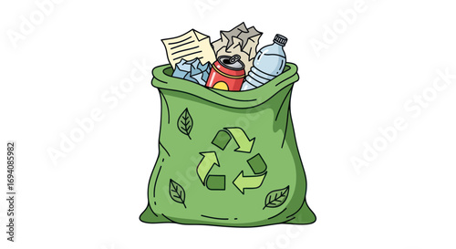 Green recycling bag filled with paper, plastic, and cans, featuring a recycling symbol.