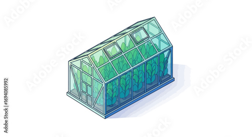 Transparent Greenhouse Structure Filled with Lush Green Plants.