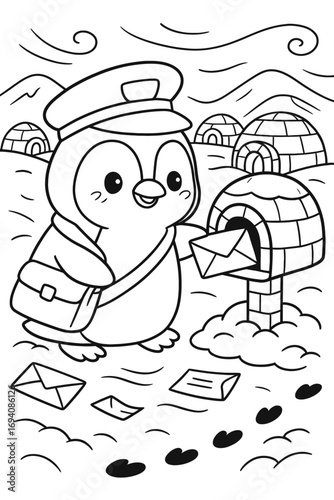 Cartoon penguin mail carrier delivers letter to igloo mailbox illustration