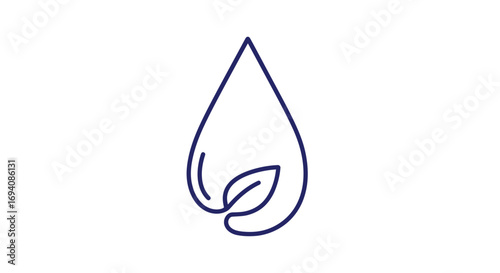 Minimalist Line Art Icon of a Water Droplet with a Leaf.