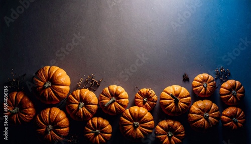 pumpkins of different sizes on a dark background with space for text