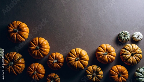 pumpkins of different sizes on a dark background with space for text