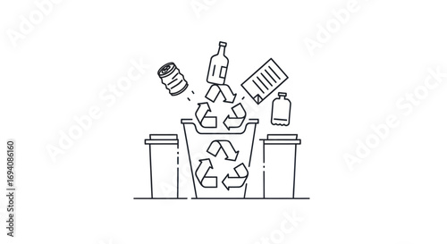 Line art illustration of recycling bin with various waste items being deposited.