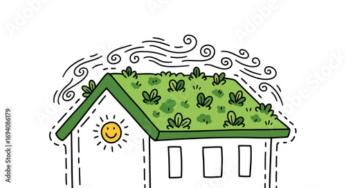 A charming hand-drawn illustration of an eco-friendly house with a lush green living roof, a smiling sun, and wind swirls.