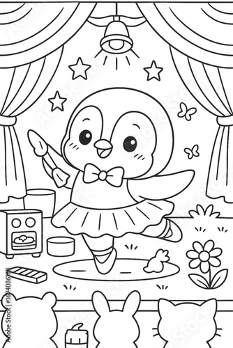 Cartoon penguin ballerina performs on stage in a charming illustration
