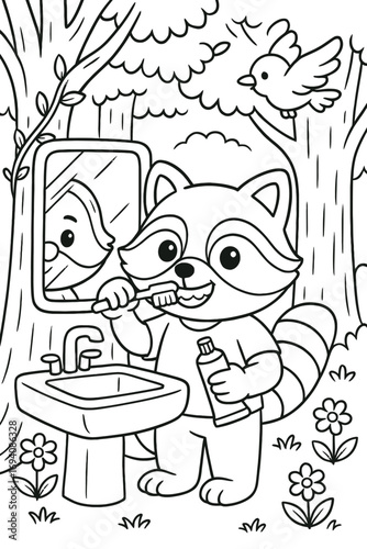 Cartoon raccoon brushing teeth in forest with bird and mirror vector art