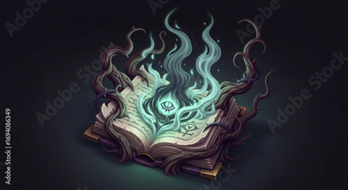 Magic spell book with eye and vines illustration for fantasy rpg game asset art