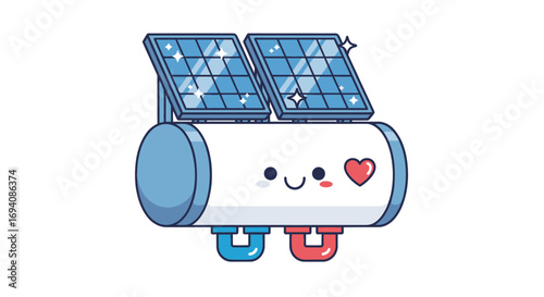 Cute Cartoon Solar Water Heater with Panels.