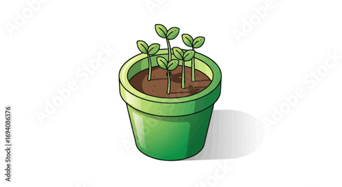 Green Potted Plant with Seedlings Sprouting from Soil.