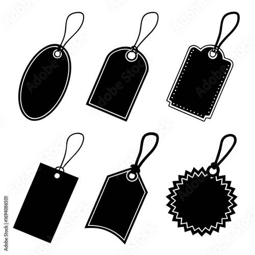 Various black clothing tags price tags labels