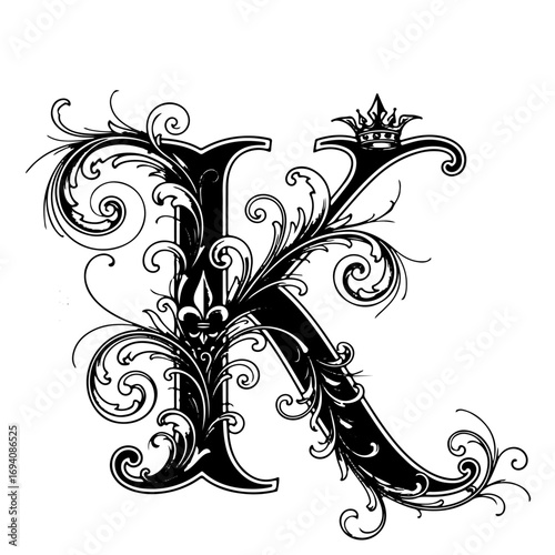 K → Elegant calligraphy letter A, decorative flourishes Vector