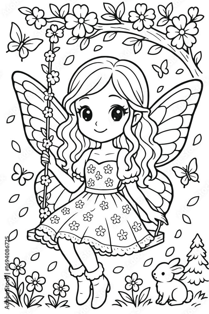 Fototapeta premium Charming fairy girl on swing surrounded by flowers and butterflies vector art