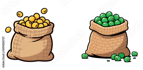 Vsai soybeans and green peas falling into burlap sacks, healthy legumes for a nutritious diet