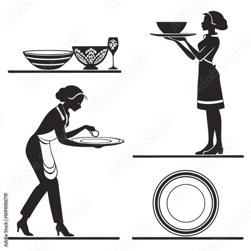 Waitstaff serving dishes and tableware silhouette bowls
