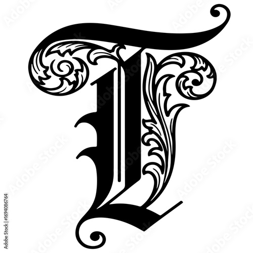 T → Elegant calligraphy letter A, decorative flourishes Vector