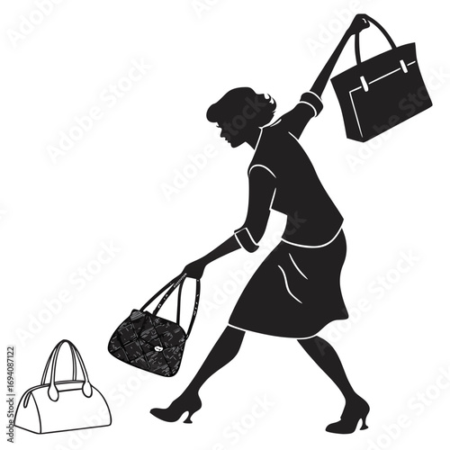 Woman with multiple handbags silhouette clutch