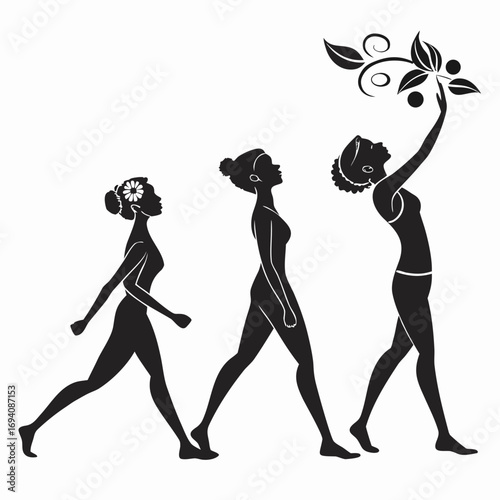 Women evolving reaching for fruit silhouettes evolution